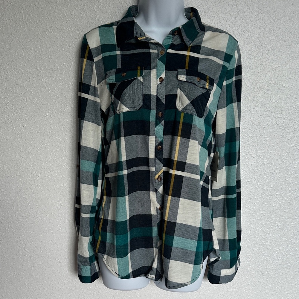Passport Checkered Plaid Shirt Green Navy Size Medium Juniors